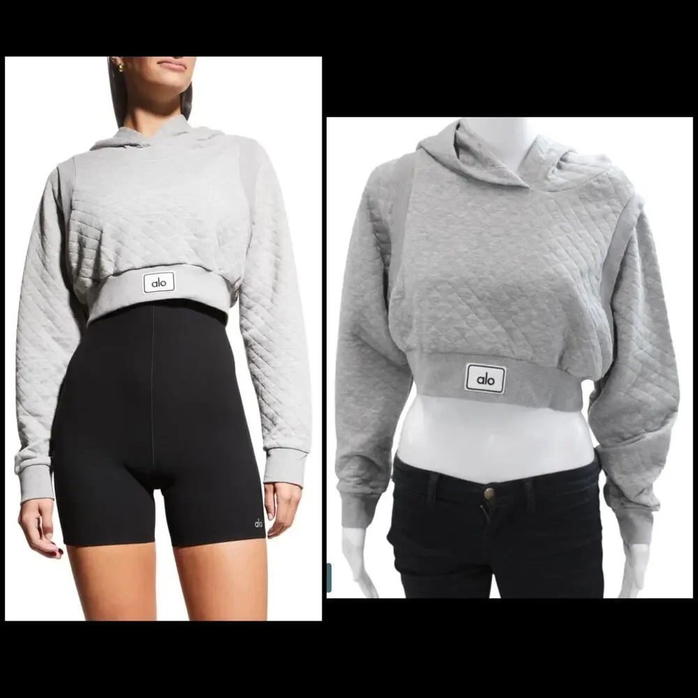 Alo Yoga Quilted Cropped‎ Arena Hoodie Gray Diamond Knit Pullover Gym Sweatshirt